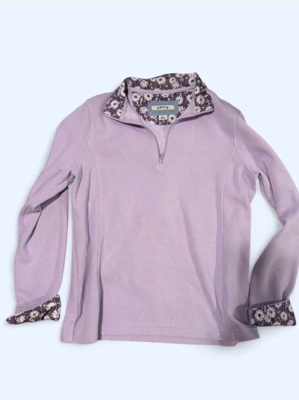 Orvis Lavender Half-Zip Pullover with Floral Trim
